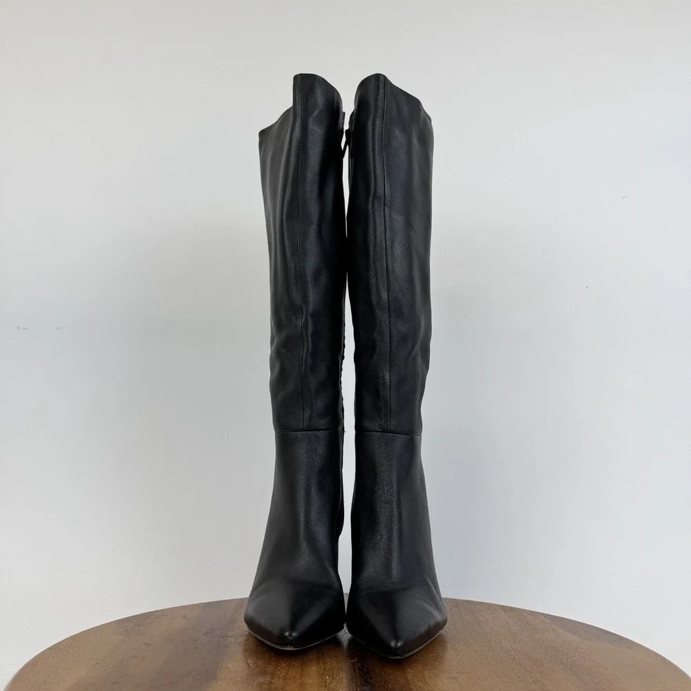 Womens Vince Pilar Black Leather Knee High Heeled Riding Boots Size 7 M WC GUC - Picture 3 of 9